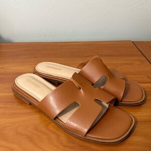 Cushionaire Voyage Slide Sandal Slip‎ On Tan Brown Vegan Leather Casual Flat 8.5